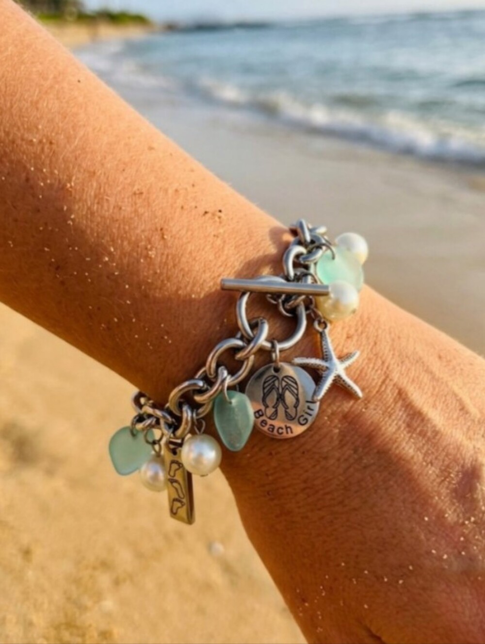 Sea Glass & Pearl Stainless Steel Charm Bracelet